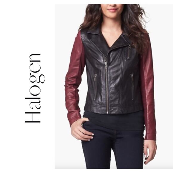 Halogen Seasons Change Color Block Moto Leather Jacket - Picture 1 of 6